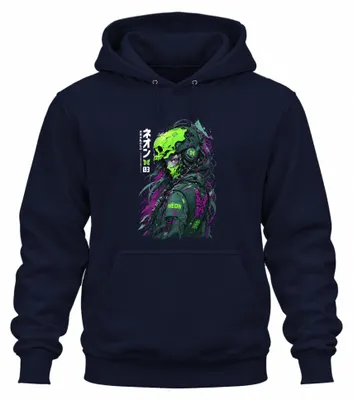 Immagine prodotto di Felpa con cappuccio in stile cyberpunk, con grafica ispirata all'anime, motivo "teschio neon", ispirata al Giappone degli anni 2000, in tessuto tecnico, colore blu navy, taglia S