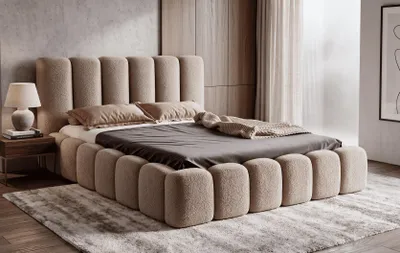 Produktbild von LUXKOR24 Polsterbett VELORA 160x200cm mit Bettkasten & Metallgestell - Bouclé Stoff HELLBRAUN GERRA