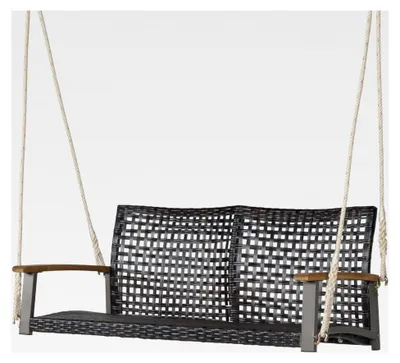 Produktbild von Rattan-Hängebank 2-Sitzer, Schaukelbank mit Armlehnen aus Massivholz, Gartenschaukel mit Haken und Schnur, Hängeschaukel für den Garten