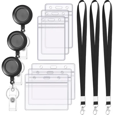 Image de Porte-badge avec cordon, lot de 6. Porte-badge transparent avec 3 cordons rétractables. Convient aux étudiants, aux employés et aux médecins.