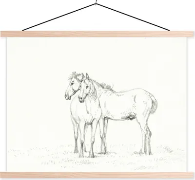 Produktbild von MuchoWow® Textilposter Zwei Pferde nebeneinander - Gemälde von Jean Bernard 150x113 cm mit holzfarbenen Rahmen - Poster