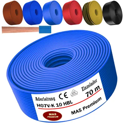 Immagine prodotto di Cavo di alimentazione da 70 metri, tipo H07 V-K, HBL, sezione 1x10 mm², colore azzurro chiaro, monofilo, flessibile