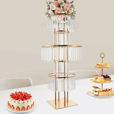 Image de Support à fleurs pour mariage - Support pour vase de table - 5 étages - Cristal acrylique - Décoration ronde et moderne - 110 cm - Doré
