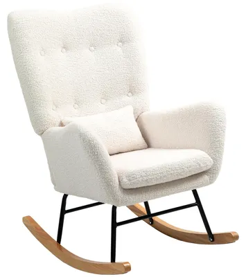 Image de Fauteuil à bascule rembourré et confortable, fauteuil à bascule en tissu imitation velours avec coussin lombaire, fauteuil relax couleur crème | Pieds en bois d'hévéa | Inclinaison de 90° à 115° | Dimensions : 92 x 69 x 100 cm