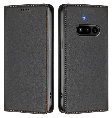 A black flip case for a smartphone, shown from the front and back.