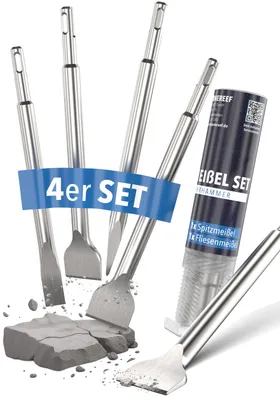 Produktbild von SDS Plus Meißel Set 4-teilig - Flachmeißel Spitzmeißel Fliesenmeißel 4 Meißel für Abbruch, Fliesen, Putz und Estrich in einem Satz
