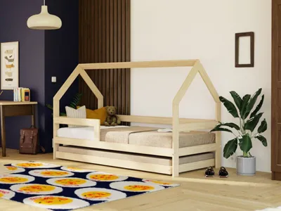 Produktbild von Kinderholzbett Hausbett SAFE 3-in-1 mit Barriere und Ausziehbett 90x180 cm Transparente matte Wachslasur, Mit einem Rausfallschutz