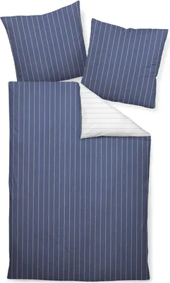 A set of bedding including a duvet cover and two pillowcases, all with a blue and white pinstripe pattern.