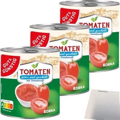 Produktbild von Gut & Günstig Tomaten ganz geschält mit Tomatensaft 3er Pack (3x800g Dose) + usy Block