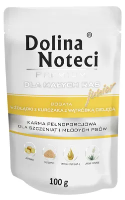 Zdjęcie produktu dla Dolina Noteci Premium Junior 100g Bogata w Żołądki z Kurczaka z Wątróbką Cielęcą Mokra Karma Dla Szczeniąt Małych Ras