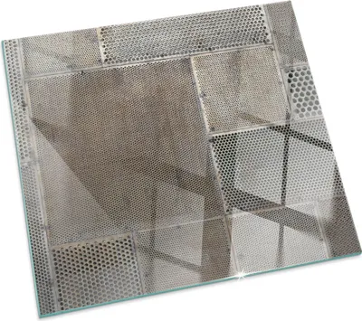 Produktbild von Perforiertes Blechmuster – Glasbodenplatte für – Kaminofen – Kaminplatte Glas – Schutzglas – Funkenschutzplatte –Glasbodenplatte Feuerfeste – Hitzeschutzplatte – Bodenschutz aus Glas – 60x60 cm