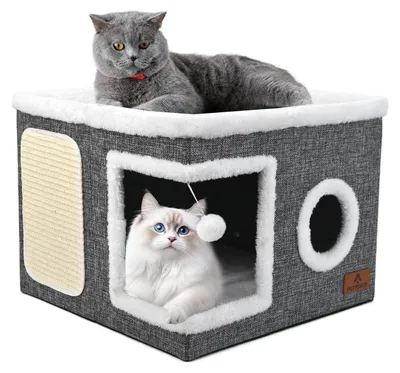 Immagine prodotto di Tana pieghevole per gatti con tappetino antigraffio e pallina, colore grigio, dimensioni 41x41x32 cm