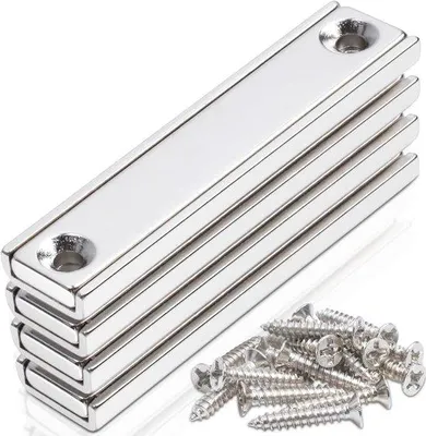 Productafbeelding van Neodymium industriële magneten, 60 x 135 x 5 mm met gat en schroeven, 4 stuks