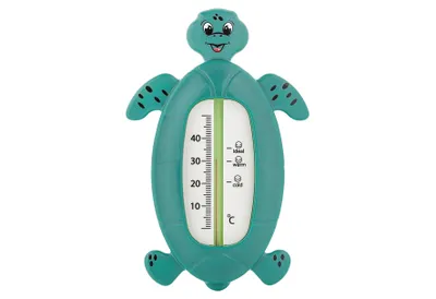 A teal turtle-shaped thermometer against a white background.