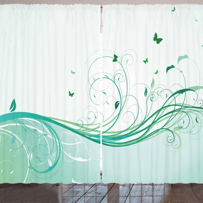 Produktbild von ARANDE Türkis Gardine, Illustrations viktorianische Art Linien Wellen Schmetterlings Design, 280 x 225 cm, Pale Green Mint Grün