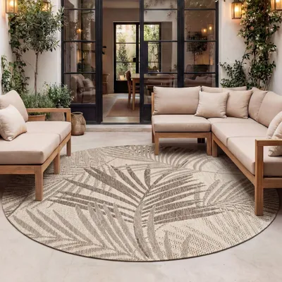 Produktbild von Volero - Outdoor Teppich Rund - Tiga Palm Taupe - Ø 100 cm - Wohnzimmer, Balkon, Garten, Terrasse - Boho, Ländlich, Modern