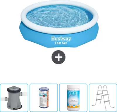 Produktbild von Bestway runder aufblasbarer Fast-Set-Schwimmpool – 305 x 66 cm – Blau – inklusive Pumpe Filter - Chlor - Leiter