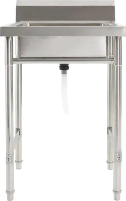A stainless steel kitchen sink with a drain pipe hanging underneath, shown on a white background.