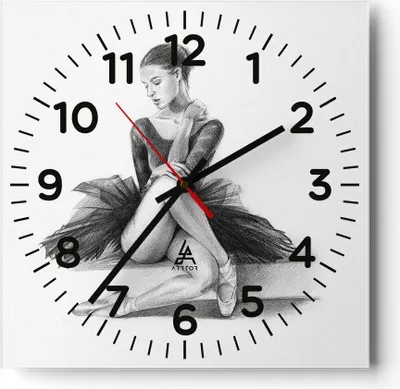 Produktbild von Wanduhr - Quadrat - Glasuhr - Ballerina Zeichnung Bleistift - 30x30cm - Schleichendes Uhrwerk - Lautlos - zum Aufhängen bereit - Dekoration Modern - Wanddekoration aus Glas - C4AC30x30-4496