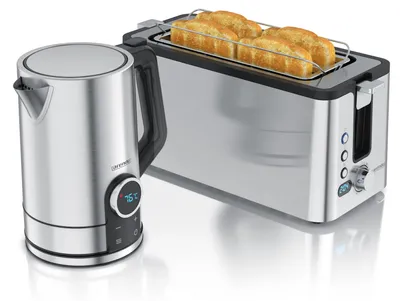 Produktbild von Arendo Frühstücks-Set Edelstahl, Wasserkocher Toaster Set, Wasserkocher mit Temperatureinstellung 1,7l, Toaster 2 Scheiben Langschlitz, Brötchenaufsatz, silber