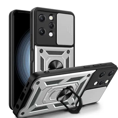 A silver and black phone case with a camera cover and ring holder, shown from two angles.