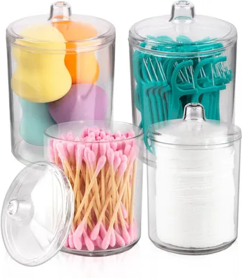 Image de Jeu de 4 pots en plastique transparent avec couvercles - Récipients pour cotons-tiges - Boîte de rangement pour boules de coton