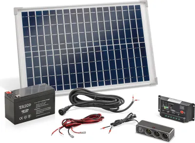 Produktbild von esotec Solar Inselsystem mit Laderegler, Solarmodul 20Wp, Kabel, Akku 120005