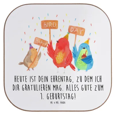 Produktbild von Mr. & Mrs. Panda Untersetzer Tasse 1. Geburtstag Happy Bird Day - Weiß - Geschenk, Tassen, Design, Coaster, Feier, für, Zum, Tassenuntersetzer, gläseruntersetzer, Party