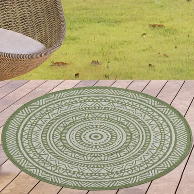 Produktbild von In- & Outdoorteppich rund mit Ethno-Design – Grün und Weiß, pflegeleicht & wetterfest Größe - 120 cm Rund