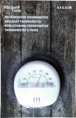 The image shows the packaging of a refrigerator thermometer, with the thermometer itself visible through a clear plastic window.