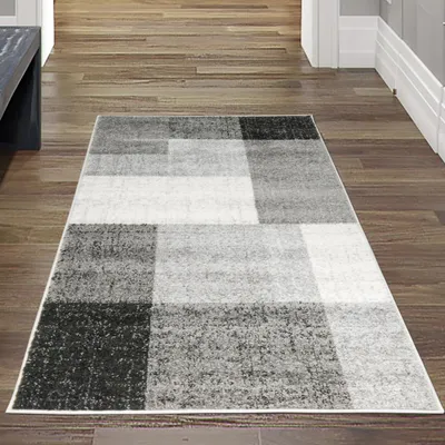Zdjęcie produktu dla Nowoczesny dywan do salonu z kwadratowym wzorem kremowo-szary Rozmiar - 80x140 cm