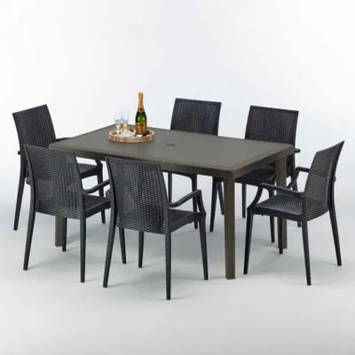Produktbild von Polyrattan Tisch Rechteckig mit 6 Bunten Stühlen 150x90 Braun Focus
