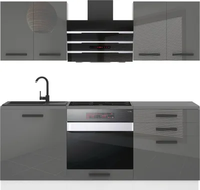 Produktbild von Belini Küchenzeile Küchenblock Mary - Küchenmöbel 180 cm Einbauküche Vollausstattung ohne Elektrogeräten mit Hängeschränke und Unterschränke, mit Arbeitsplatten, Silber Hochglanz