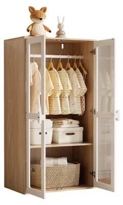 Zdjęcie produktu dla Szafa dziecięca – 2-drzwiowa – drążek na ubrania – wysuwane półki – drewniane uchwyty – drzwi akrylowe – 80 x 50 x 150 cm – biała + naturalna MDF