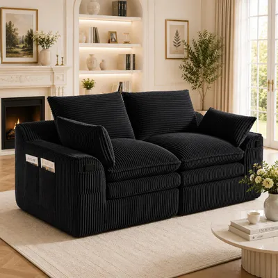 Produktbild von Cordsofa 2-Sitzer Schwarz Modular Sofa Klein Couch mit Kissen Federkern Seitentaschen Mini-Sofa Polstersofa Loungesofa für Wohnzimmer Büro Kleines Sof