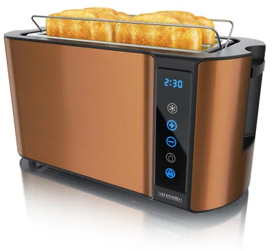 Produktbild von Arendo Toaster 4 Scheiben, Langschlitz, Edelstahl, 1500W, Touch-Bedienung, Display mit Restzeitanzeige, Brötchenaufsatz, Auftaufunktion, Wärmeisolierendes Gehäuse, kupfer