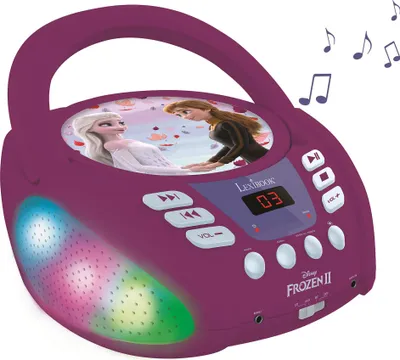 A purple CD player with Disney Frozen characters on top, displaying music notes and a digital display.
