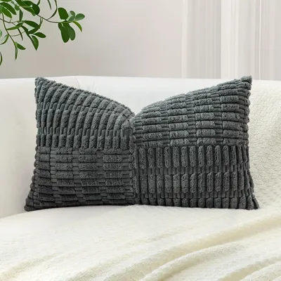 Immagine prodotto di Copertura per cuscino in tessuto a coste a righe, color grigio scuro, 30x50 cm, confezione singola