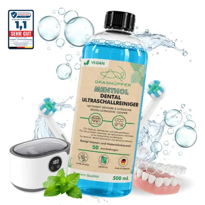 Produktbild von GRASHÜPFER® Dental Ultraschallreiniger Konzentrat I 500 ml "Menthol-Duft" I Reinigt Zahnersatz, Prothesen, Gebisse