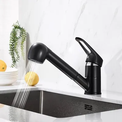 Image de Robinet de cuisine, finition mate noire - Extractible - Rotation à 360 degrés - En laiton - Mitigeur à un levier