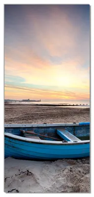 Produktbild von Wallario selbstklebende Türtapete 93 x 205 cm mit Schutzlaminat - Fischerboot am Strand bei Sonnenuntergang