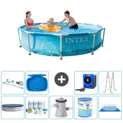 Produktbild von Intex-Schwimmbecken mit rundem Rahmen – 305 x 76 cm – Wasserdruck – im Lieferumfang enthalten Abdeckung - Wartungspaket - Filterpumpe für Schwimmbad - Filter - Bodenplane - Staubsauger