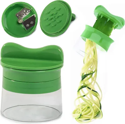 A collage of images showing a green spiralizer for vegetables, including its parts and how it works.