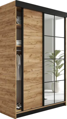 A modern sliding door wardrobe with a wood grain finish and mirrored doors.