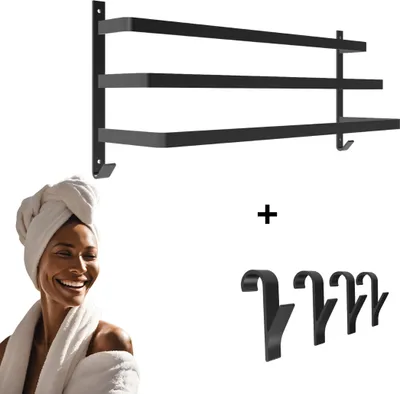 Produktbild von Hochwertiger, mattschwarzer Handtuchhalter aus Edelstahl 80x26cm Inklusive 4 Heizkörperhaken im Loft-stil