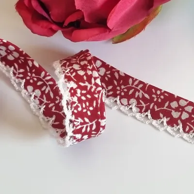 Produktbild von Designer Popeline Schrägband Blümchen Mit Spitze Baumwolle   Holland (Rot)