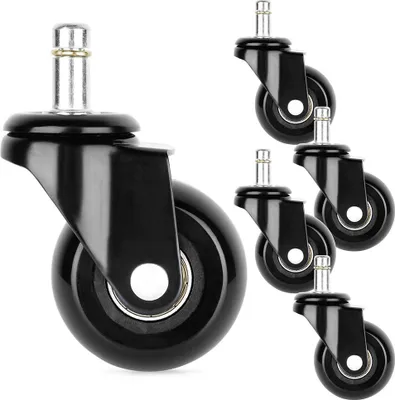 A group of five black casters with silver stems against a white background.