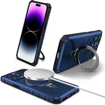 Immagine prodotto di Custodia per iPhone 15 Pro magnetica con MagSafe, supporto ad anello, supporto, custodia protettiva a doppio strato blu