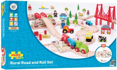 Produktbild von BigJigs Holz Eisenbahnset Land - Spielzeug Zugstrecke und Straße