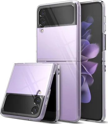 A transparent protective case for a Samsung Galaxy Z Flip 3 phone, shown in a studio setting against a white background.